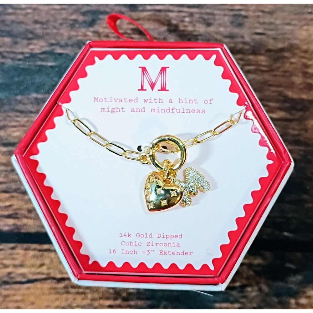 A New Day 14k Gold Dipped Initial M Heart Necklace‎ Cubic Zirconia NIB 16-19in